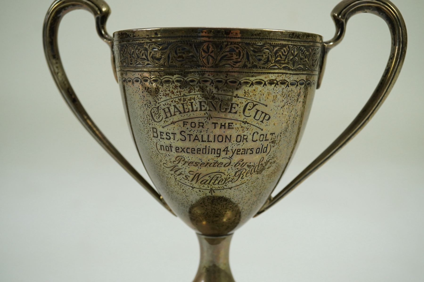 A George III? Irish silver two handled presentation trophy cup, with later engraved horse racing inscription relating to 'The Arab Horse Society Challenge Cup for the Best Stallion or Colt not exceeding 4 years old'